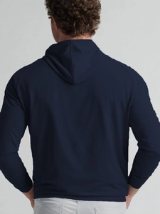 Back view of a navy blue men's casual hoodie with raglan sleeves and a windproof hood