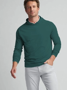 Detail of men's dark green hooded sweatshirt with raglan sleeves and layered style