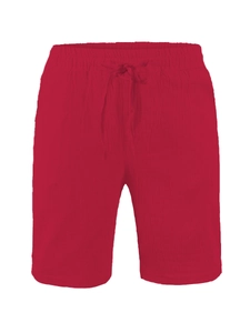 Detailed macro view of the breathable red linen texture and drawstring waist on men's shorts