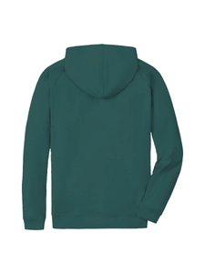 Rear view of a dark green raglan sleeve hoodie with ribbed cuffs and hem