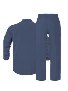 Detail view of navy linen blend lounge set showing elastic waist and ribbed cuffs