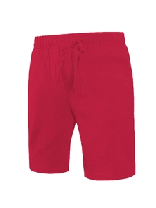 Detail view of red breathable cotton linen shorts with elastic waist and drawstring