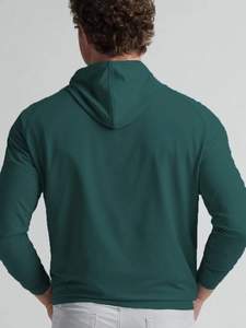 Rear view of long sleeve dark green raglan hoodie showing premium fabric texture