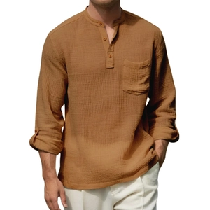 Detail of men's linen Henley shirt fabric texture with chest pocket and button placket