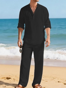 Men's black linen casual set with long sleeve henley shirt and beach trousers