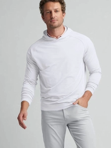 Detail of white long sleeve hoodie featuring raglan sleeves and breathable casual fabric
