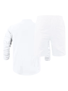 Detail of white linen shirt back and elastic shorts with a single pocket