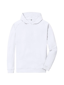 Detail view of white hoodie ribbed cuffs and neckline label on soft jersey fabric