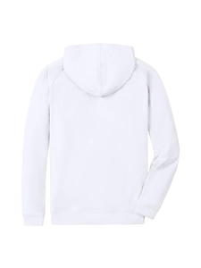 Rear view of a minimalist white hooded sweatshirt with ribbed cuffs and hem details