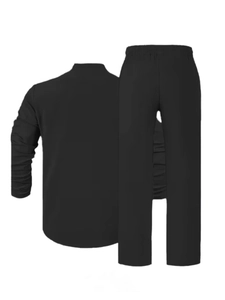 Detail of men's casual black linen set showing elastic waistband and matte fabric texture