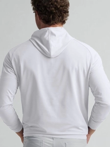 Back view of high-quality white cotton hoodie for men featuring minimalist hood structure