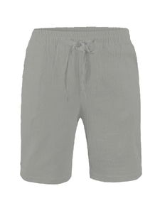 Detail view of men's gray cotton-linen shorts with elastic drawstring waist and textures