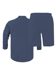 Detailed view of the dark blue linen long-sleeve shirt and matching casual shorts
