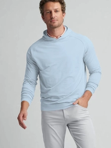 Detailed full-body view of a men's light blue hoodie paired with a casual pink collar shirt