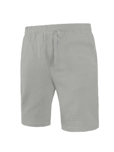Detail of light gray cotton linen shorts with an adjustable drawstring elastic waistband