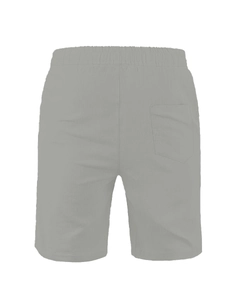 Detail of gray-green cotton linen shorts showing the elastic waistband and back pocket