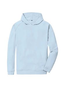 Detail of light blue hoodie showing ribbed cuffs, waistband, and size label M