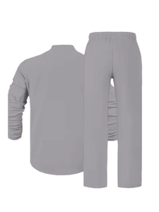 Rear view of minimalist gray linen lounge set including long sleeve shirt and elastic pants