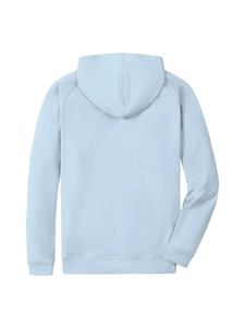 Back view of light blue men hoodie with raglan sleeves and ribbed cuffs on white background