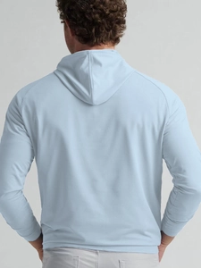 Rear view of casual light blue hoodie featuring raglan sleeves and soft matte fabric