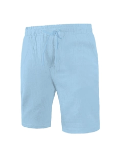 Detail view of elastic waistband and drawstring on light blue cotton linen shorts