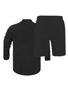 Detailed flat lay of black linen blend long sleeve top and drawstring casual shorts set