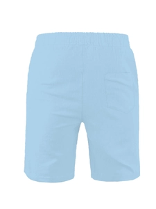 Detailed back view of light blue cotton linen shorts with elastic waist and square pocket