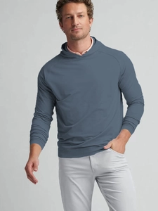 Close-up of grey-blue casual hoodie with raglan sleeves and soft cotton texture