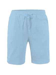 Detail of light blue linen blend shorts showing elastic waistband and seersucker texture
