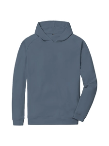 Detailed flat lay of a greyish-blue hoodie showing ribbed cuffs and drawstring-free hood