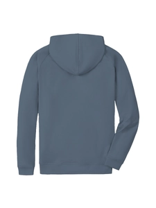 Back view of navy blue raglan sleeve hoodie with ribbed cuffs and hem on white background