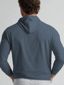 Rear view of a men's casual long-sleeved hoodie in dusk blue with a clean athletic fit