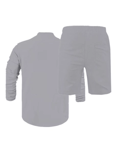 Rear view of grey linen casual set featuring long sleeve top and elastic waist shorts