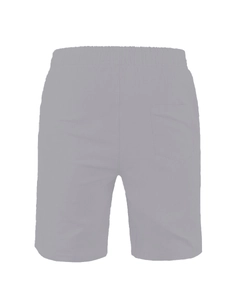 Detail view of men's casual shorts showing elastic waistband and back pocket in grey cotton