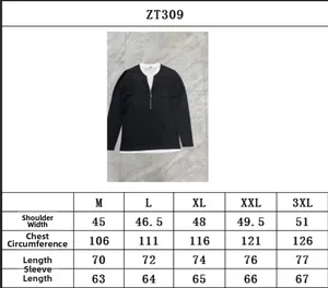 Detailed size chart for men's mock neck knit sweater including chest and length dimensions