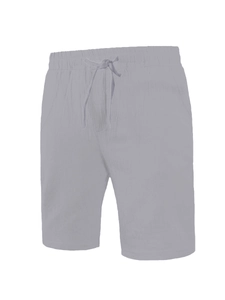 Detailed macro view of the elastic waistband and drawstring on grey linen shorts
