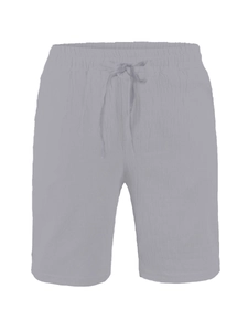 Detail of light grey cotton linen shorts featuring an elastic drawstring waistband texture