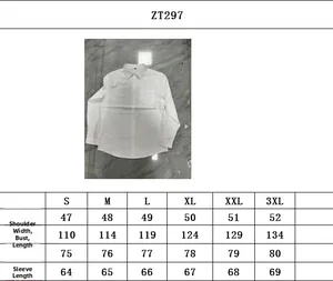 Detailed size chart for men's white linen long sleeve shirt from S to 3XL with measurements