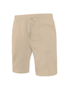 Detail of men's beige cotton linen shorts featuring elastic drawstring waistband and pockets
