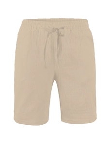 Detailed macro of men's beige cotton linen shorts with elastic waist and drawstring