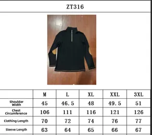 Size chart for men's quarter-zip sweatshirt featuring detailed garment measurements