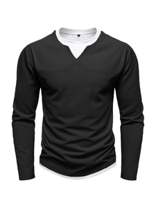Detail of waffle knit fabric and layered double-collar design on men's long sleeve T-shirt