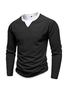 Detail of waffle knit fabric and layered hem design on men's black long sleeve T-shirt