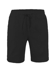 Detail of men's black linen shorts showing elastic drawstring waist and textured fabric