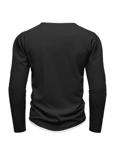 Detailed back view of a men's long sleeve waffle textured t-shirt with white layered hem