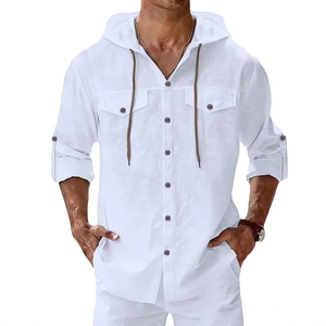 Men Casual Hooded Shirt Cotton Linen Blend Long Sleeve Button Down Top With Pockets Breathable Solid Color Resort Shirt