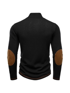 Rear view detail of men's black knit sweater featuring brown elbow patches and contrast stitching