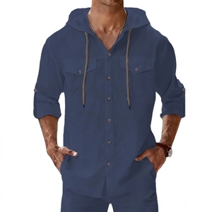 Men's navy blue linen hooded shirt with front pockets and adjustable roll-up sleeves