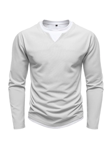 Detail of grey men's waffle long sleeve tee with a white faux layered neck design