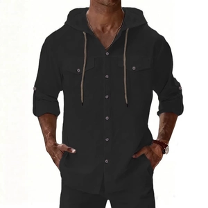Men's black linen hooded long-sleeve shirt with chest pockets for beach casual wear